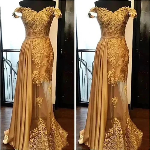 New Backless Formal Dresses Evening Dress Gold Customized Off-Shoulder V Neck Applique Elastic Satin Tulle Prom Party Gown