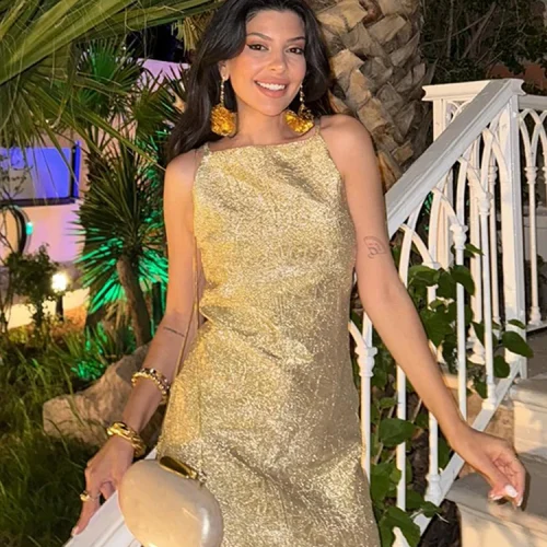 Fashion Gold Shiny Mini Dress For Women Stylish Sleeveless O neck Female Dresses 2024 Autumn New Ladies Evening Party Vestidoes