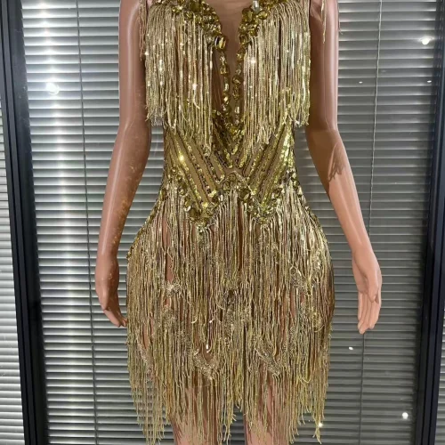 Sexy Gold Sequin Fringe Mesh Bodycon Mini Dress Women Nightclub Party Stage Performance Outfits Party Prom