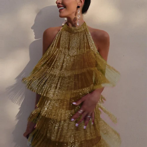 Glitter Sequin Shiny Evening Dress Sexy Tassels Halter Bodycon Party Dresses Women Off Shoulder Backless Mini Dress Vestidos