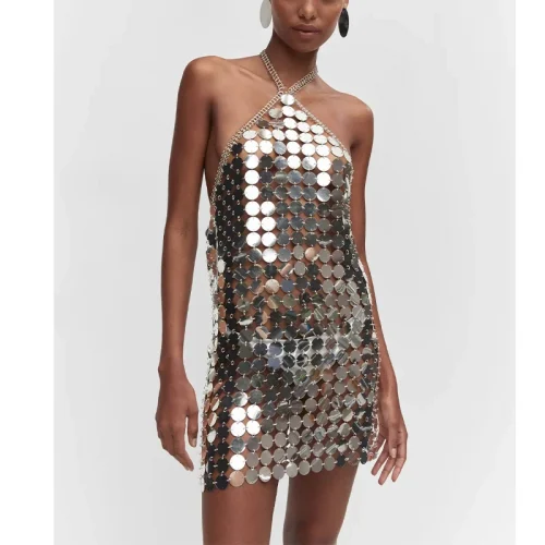 Female Silver Backless Halter Sequin Disc Chainmail Mini Cocktail Dresses Night Club Party Dress with metallic discs