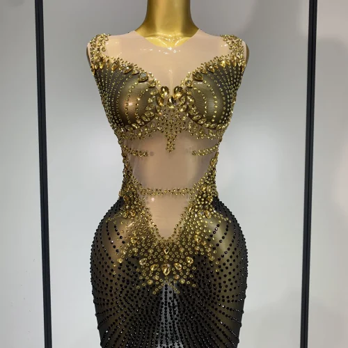 Sparkly Gold Rhinestone Transparent Sleeveless Mini Dress Evening Birthday Celebrate Party Nightclub Dance Performance Outfit