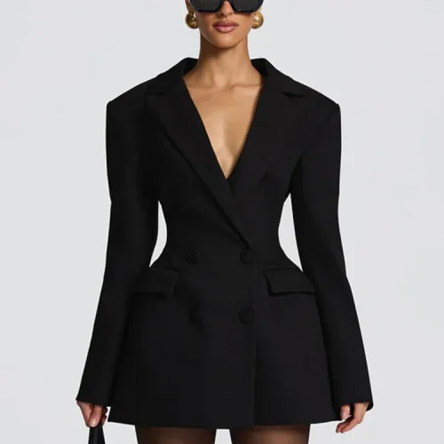 Mozision Deep V Neck Long Sleeve Sexy Mini Blazer Dress Women Elegant Double-breasted High Waist Club Party Blazers Dress