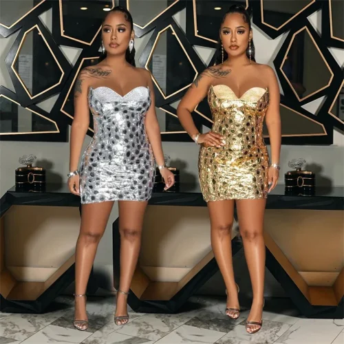 Sexy Strapless Bodycon Sequins Mini Party Dresses Women 2024 Summer Rhinestone Sleeveless Glitter Night Club Dress Silver Gold
