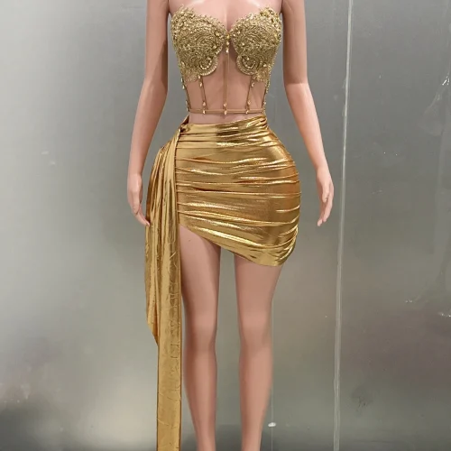 Gold Color Women Sexy 2 Pieces Strapless Bodycon Mini Dress Bar Singer Nightclub Party Celebrate Birthday Dress Wholesale