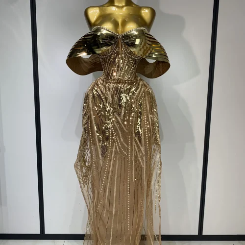 Sparkly Gold Long Dress Luxury Rhinestone Sequins See Thourgh Birthday Gown Sexy Off Shoulder Performance Singer Costume