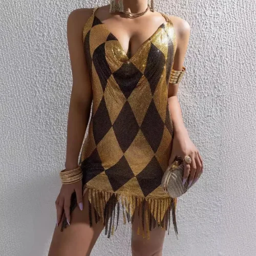 Shiny Geometric pattern Metallic Sequins Dress For Women Sexy Backless Halter Neck Tassel Mini Dress Rave Party Club Dresses
