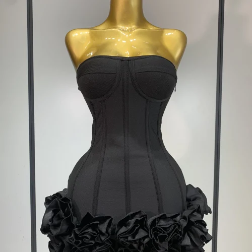 Women Evening Bandage Dress Strapless Bodycon Flowers Mini Celebrity Sexy Birthday Party Dresses Photo Shoot Nightclub Outfit
