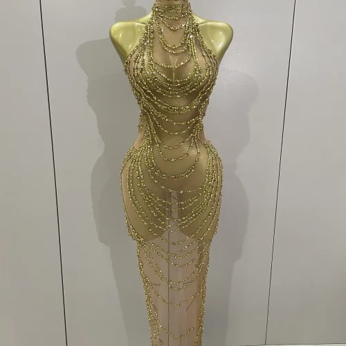 Luxury Sparkly Gold Rhinestone Sexy Transparent Mesh Long Dress 2025 Women Birthday Party Gown Stage Singer Performance Costume