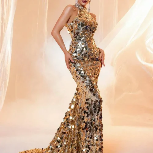 LOVE&LEMONADE Sexy Halter Neck Gold Sequin Backless Maxi Evening Dress for Women Wholesale Dropshipping LM86444