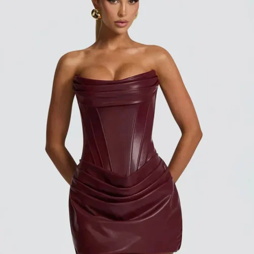Mozision PU Leather Off-shoulder Strapless Sexy Mini Dress Women Gown Elegant Backless Sleeveless Ruched Club Party Dresses