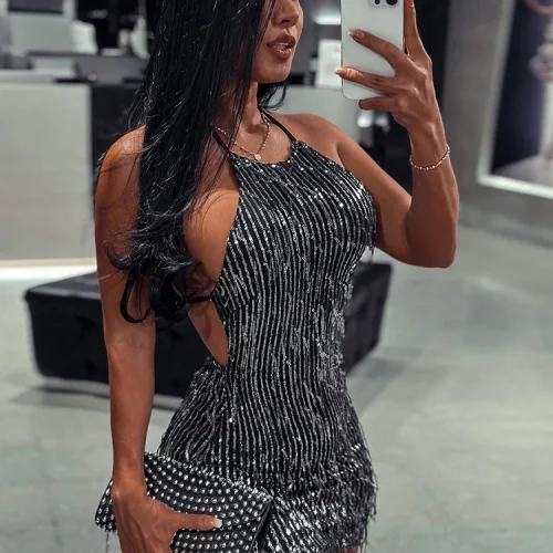 Kliou Tassel Patchwork Shiny Mini Dress Women Halter Bandage Stunning Backless Sleeveless Skinny Vestido Female Party Clubwear
